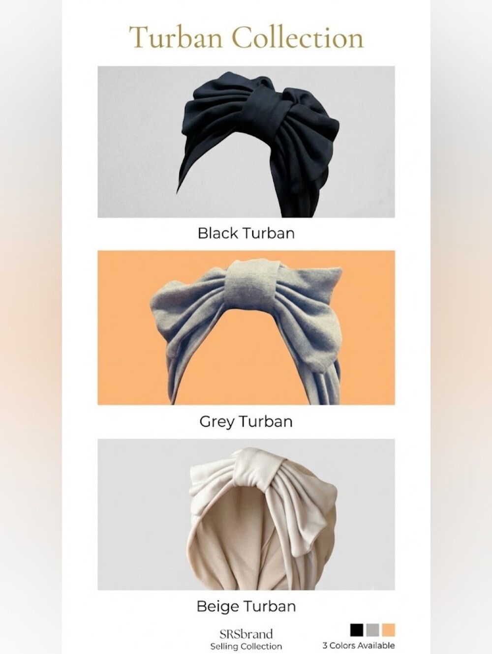 3 Turban / Hijab :Black, Grey, and Beige Knot  Collection